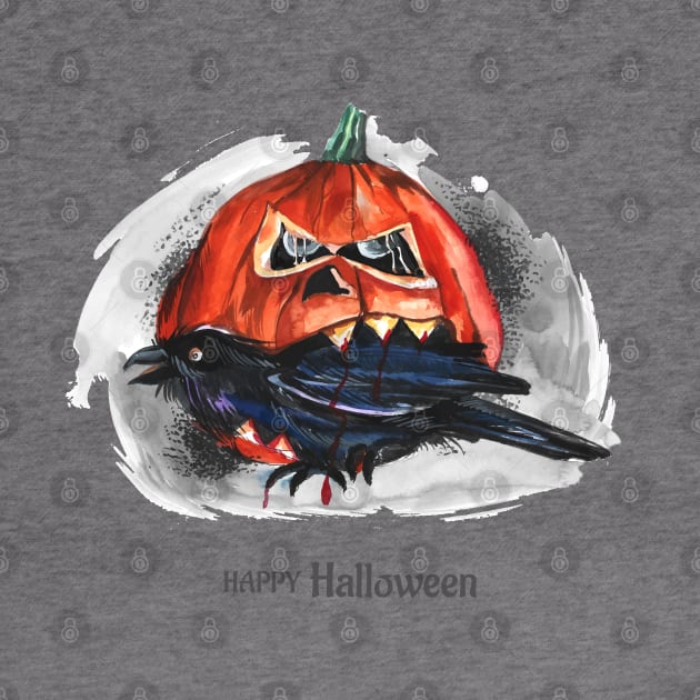 Happy Halloween Pumpkin Eating Raven by Mako Design 